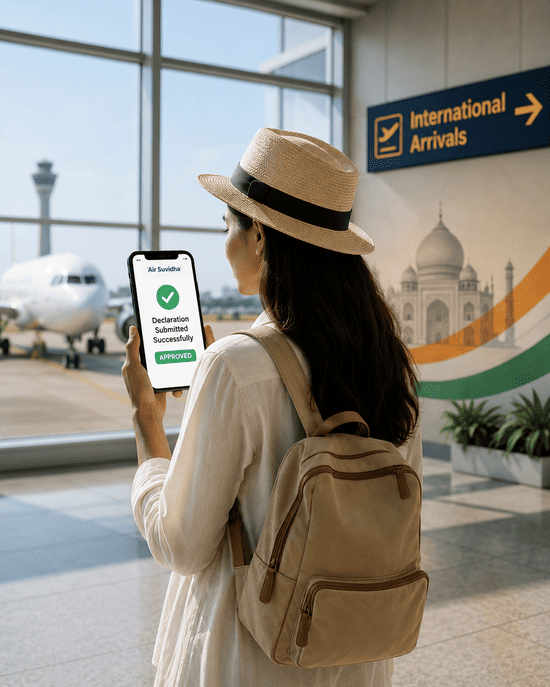 Traveller showing approved India Air Suvidha declaration on phone at the airport