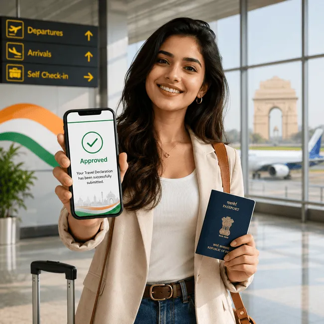Traveller showing approved India Air Suvidha declaration at the airport